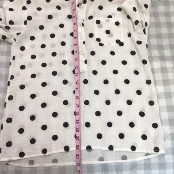 2/40$ LINEN blouse polka dots black ecru mao neck button Down casual shirt med - Picture 6 of 12